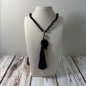 Lava Rock Handmade Beaded Mala Necklace with Obsidian Guru Bead